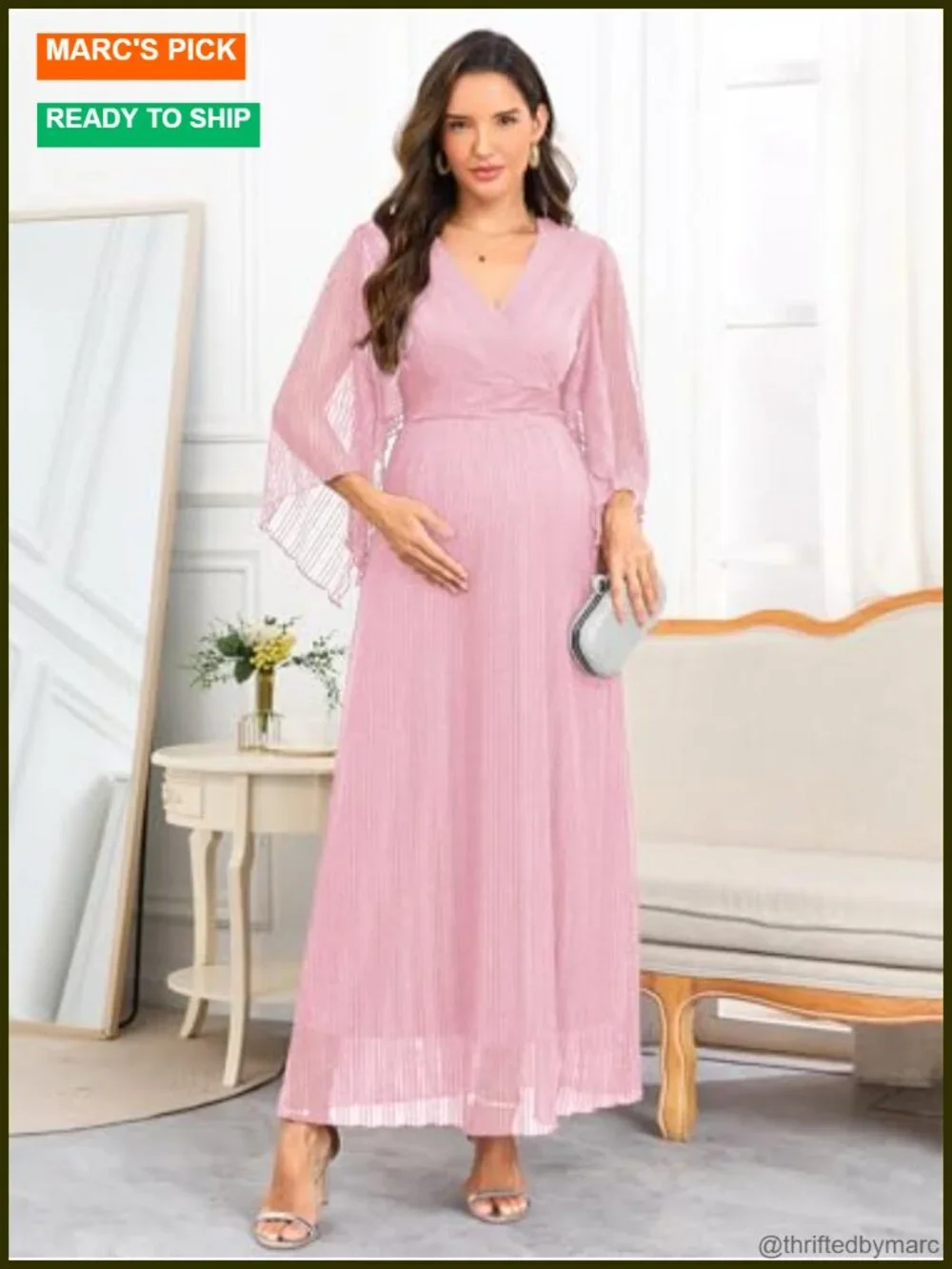 Maternity Sparkly Mesh Maxi Dress Handkerchief Sleeves Wrap V Neck Flowy Baby